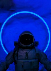 Wall Mural - raster illustration of astronaut in a helmet. cyberpunk style of the future of robotic people. neon 