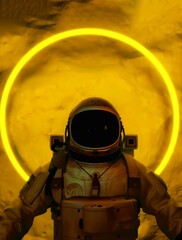 Wall Mural - raster illustration of astronaut in a helmet. cyberpunk style of the future of robotic people. neon 