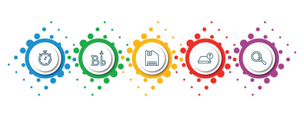 Poster - editable thin line icons with infographic template. infographic for user interface concept. included stopwatches, letter i, floppy disk save button, uploading from drive, glass material icons.