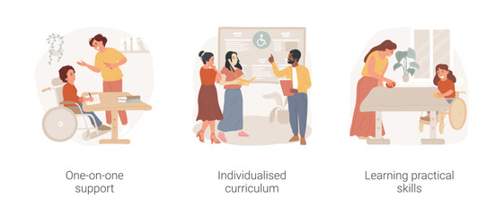 Poster - Private special education school isolated cartoon vector illustration set. One-on-one support, individualised curriculum, learning practical skills, classes for disabled children vector cartoon.