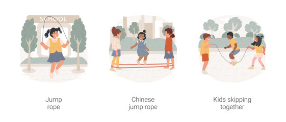 Poster - School recess outdoor activities isolated cartoon vector illustration set. Jump rope, chinese jump rope, kids skipping together, kids having fun, elementary student free time vector cartoon.