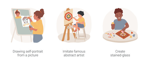Poster - Fine arts lesson in elementary school isolated cartoon vector illustration set. Drawing self-portrait from a picture, imitate abstract artist, create stained-glass paper decoration vector cartoon.