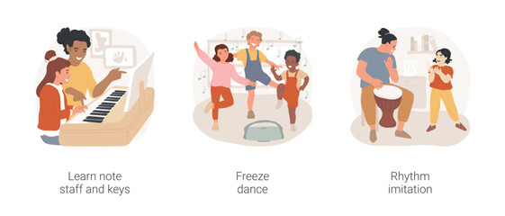 Poster - Teaching music in elementary school isolated cartoon vector illustration set. Learn note staff and keys, freeze dance game, music lesson for children, rhythm imitation exercise vector cartoon.