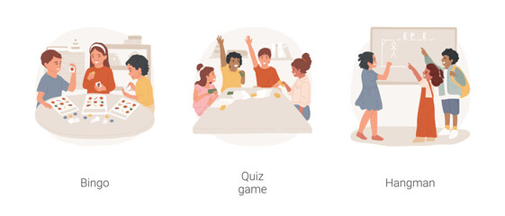 Poster - Afterschool classroom games isolated cartoon vector illustration set. Children play bingo together, developmental quiz game, kid drawing hangman, classroom free time fun activity vector cartoon.