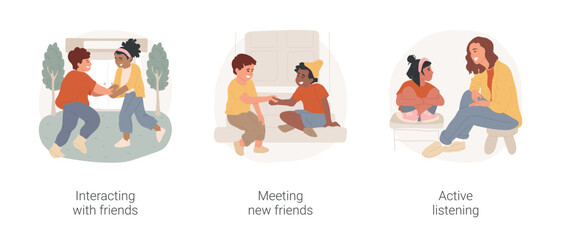 Poster - Children socialization at elementary school isolated cartoon vector illustration set. Interacting with kids, meeting new friend, active listening, communication skill, play together vector cartoon.