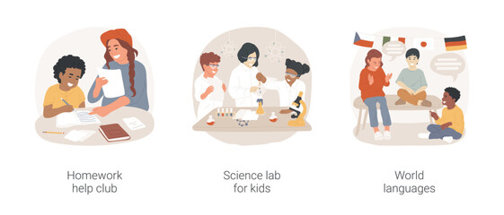 Poster - After school electives isolated cartoon vector illustration set. Homework help club, children study together, science lab for kids, make fun experiment, world languages class vector cartoon.