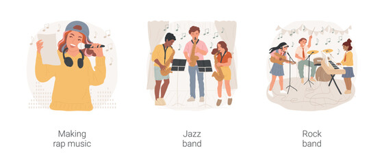 Poster - Middle school music classes isolated cartoon vector illustration set. Learning to make rap, hip-hop music, jazz lesson, children rock band, school elective, performance on stage vector cartoon.