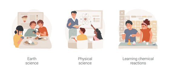 Poster - Science middle school curriculum isolated cartoon vector illustration set. Earth science, geology lesson, study physics at school, learning chemical reactions, chemistry class vector cartoon.