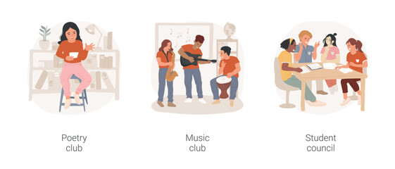 Poster - Extracurricular activities and clubs isolated cartoon vector illustration set. Poetry club, writing and performing, school music band, teenagers play instruments, student council vector cartoon.