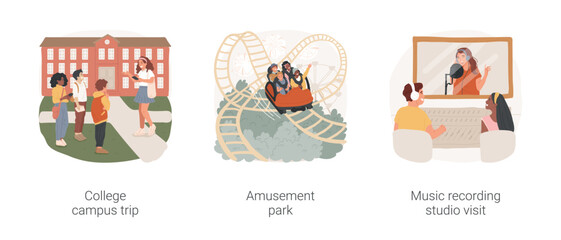Poster - Class field trips isolated cartoon vector illustration set. College campus field trip, campus life experience, school children in amusement park, music recording studio group visit vector cartoon.