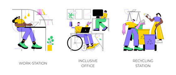Poster - Office design and interior isolated cartoon vector illustrations set. Work-station in smart office, inclusive working environment, recycling station at modern business workplace vector cartoon.