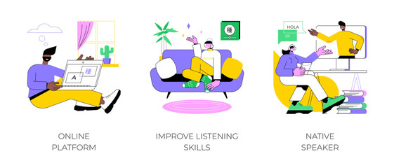 Poster - Foreign language distance learning isolated cartoon vector illustrations set. Online language learning platform, improve listening skills, video conference with native speaker vector cartoon.