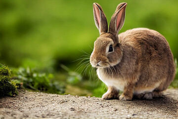 Wall Mural - little bunny sits on a green meadow