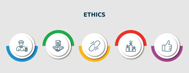 Poster - editable thin line icons with infographic template. infographic for ethics concept. included guard, agreement, connect, competitive, thumbs up icons.