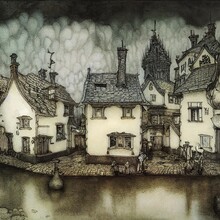 An Eerie Village Along A Murky River. Vintage Fairytale Or Storybook Drawing. [Digital Art In The Style Of An Ink And Watercolor Painted Etching]