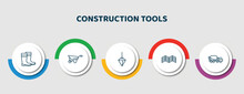 Editable Thin Line Icons With Infographic Template. Infographic For Construction Tools Concept. Included Rubber Boots, Wheel Barrow, Plumb Bob, Parquet, Concrete Mixer Icons.