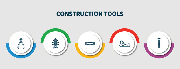 Poster - editable thin line icons with infographic template. infographic for construction tools concept. included plier, electric tower, plumb rule tool, jack plane, screw icons.
