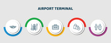 Editable Thin Line Icons With Infographic Template. Infographic For Airport Terminal Concept. Included Air Company, Lifeboat, Terminal Watch, Duty Free Basket, Airport Toilets Icons.