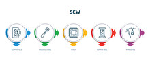 Editable Thin Line Icons With Infographic Template. Infographic For Sew Concept. Included Buttonhole, Tracing Wheel, Patch, Cotton Reel, Threading Icons.