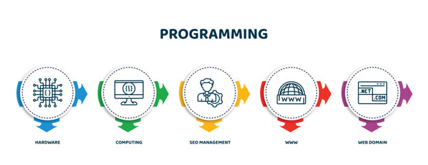 Poster - editable thin line icons with infographic template. infographic for programming concept. included hardware, computing, seo management, www, web domain icons.