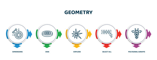 Poster - editable thin line icons with infographic template. infographic for geometry concept. included dimensions, disk, explode, select all, polygonal giraffe icons.