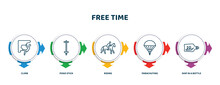 Editable Thin Line Icons With Infographic Template. Infographic For Free Time Concept. Included Climb, Pogo Stick, Riding, Parachuting, Ship In A Bottle Icons.