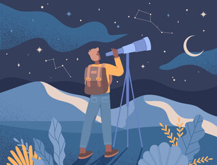 Wall Mural - man watching starry sky. young guy looks through binoculars at night sky, cosmos, astrology and astr