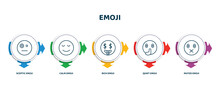 Editable Thin Line Icons With Infographic Template. Infographic For Emoji Concept. Included Sceptic Emoji, Calm Emoji, Rich Quiet Muted Icons.