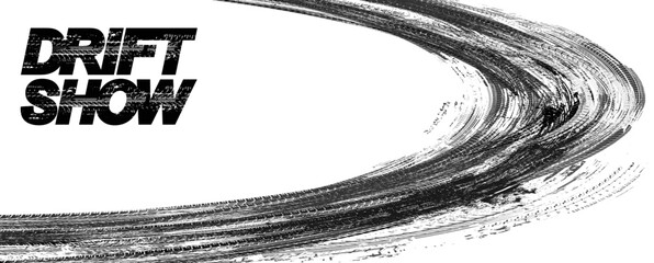 Wall Mural - monochrome drift background with texture wheel marks and drift in skidding, rounded tire marks. blac