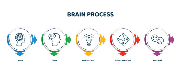 Poster - editable thin line icons with infographic template. infographic for brain process concept. included mind, think, opportunity, concentration, feelings icons.