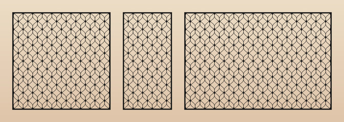 Laser cut patterns set. Vector abstract geometric ornament in Oriental style with grid, mesh, delicate lattice. Elegant decorative stencil for laser cutting of wood, metal.  Aspect ratio 1:1, 1:2, 3:2