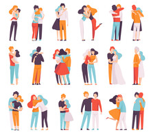 People Characters Hugging And Embracing Each Other Big Vector Illustration Set