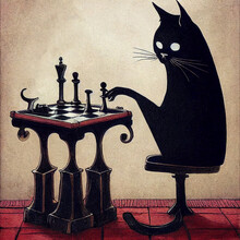 Vintage Drawing Of A Strange Cat Playing An Odd Game Of Chess (Digital Painting In The Style Of A Retro Illustration)