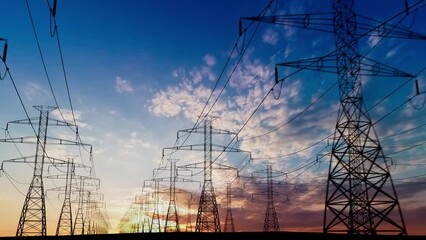 high-voltage electric line against the backdrop of a beautiful sunset, timelapse