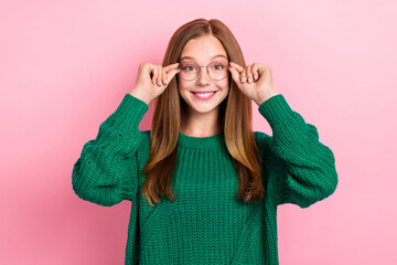 Poster - Portrait photo of young successful business lady trying on her new glasses checkup stylish outfit winter clothes positive smile isolated on pink color background