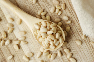 Poster - overhead view of of Raw soy bean seed on a wooden spoon 