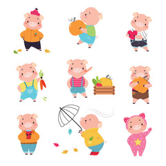 Poster - Little Pink Pig Character Engaged in Different Activity Vector Set