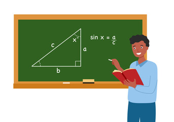 Black male teacher teaching mathematics subject in classroom concept vector illustration on white background.
