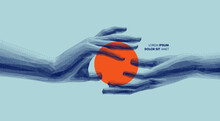 Hands Holding Red Circle. Sensing Energy Between Palms. Concept Of Human Relation, Togetherness, Partnership, Connection, Contact Or Network. Design For Banner, Flyer, Poster, Cover Or Brochure.