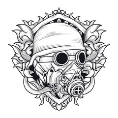 Wall Mural - tattoo and t shirt design black and white hand drawn apocalypse gas mask  engraving ornament