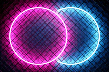 Poster - Glowing pink  and blue  neon lighting ellipse  on metal mesh  background.