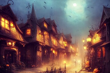 Wall Mural - Storybook Halloween Village. Creepy Medieval Town with Jack-o-Lanterns, Bats, Fog, Night, Cottages. (3D Digital Illustration, Fantasy Sci-Fi Background, Holiday Greeting Card, Invitation, Postcard.)