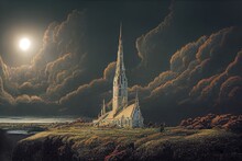 White Cathedral With Towering Spire On The Edge Of The Sea. Surreal Clouds, Glaring Sun, Waterfall. [Digital Art Painting, Sci-Fi Fantasy Horror Background, Graphic Novel, Postcard, Or Product Image]