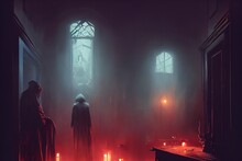 Cultists Performing A Dark Ritual In A Cursed Horror House. Candles, Altar, Darkness, Smoke, Ruins. [Digital Art Painting, Sci-Fi Fantasy Horror Background, Game, Graphic Novel, Graphic Tee, Postcard]