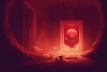 Hellish Demon Summoned Behind A Cursed Painting At A Horror House. Blood, Smoke, Hell Mouth, Devil. [Digital Art Illustration; Sci-Fi Fantasy Horror Background; Game, Graphic Novel, Or Postcard Image]