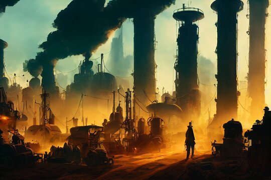 Industrial Dystopian Sci-Fi Cityscape. Smokestacks, Machinery, Workers, Refinery, Smoke, Rust, Dust. [Digital Art Painting, Sci-Fi Fantasy Horror Background, Graphic Novel, Postcard, or Product Image]