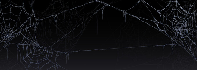 scary halloween banner with old spider web hanging in corners on black background. spooky poster wit