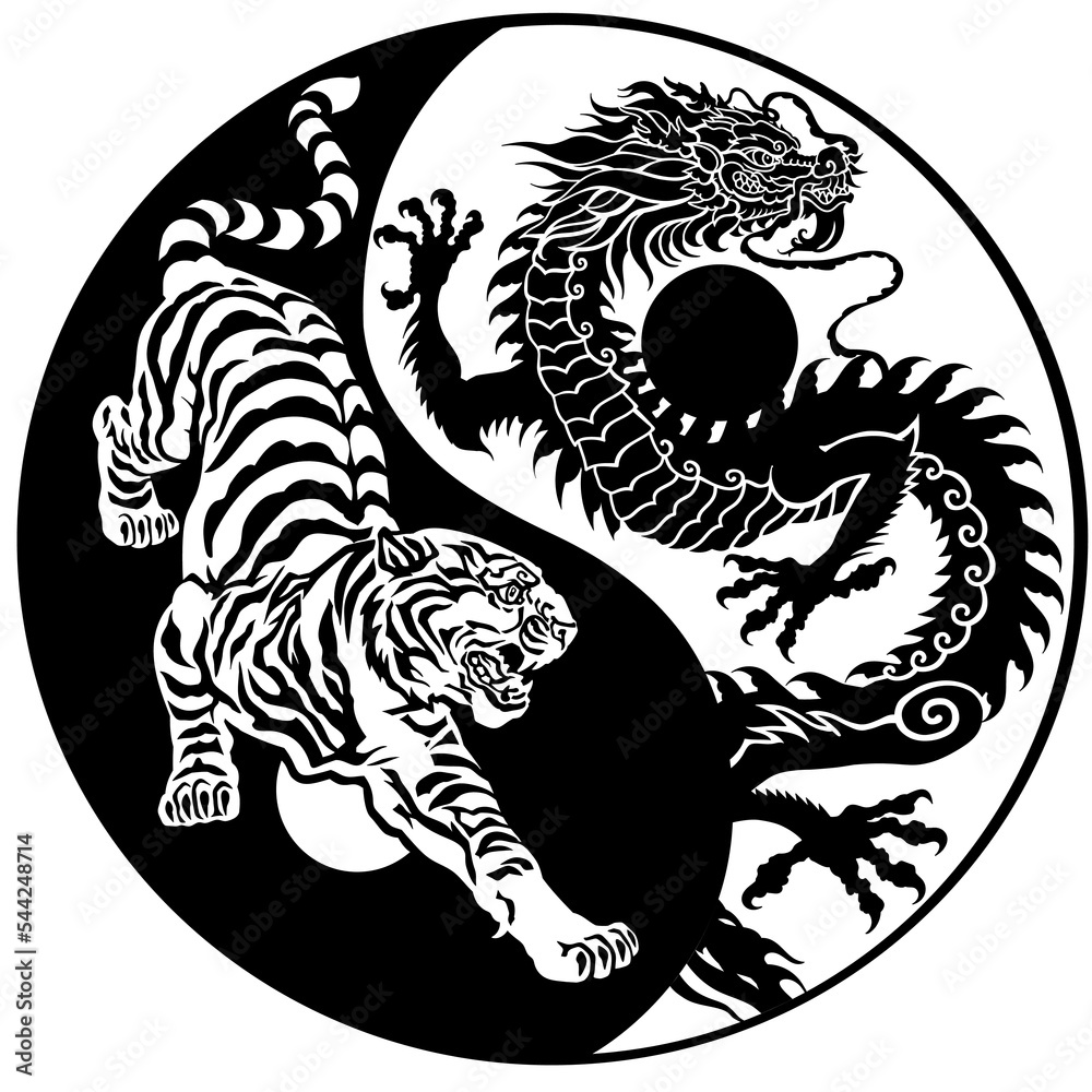 Tiger versus Chinese dragon energy in the yin-yang symbol of harmony ...
