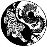Fototapeta  - Tiger versus Chinese dragon energy in the yin-yang symbol of harmony and balance. Silhouettes of the two celestial feng shui animals. Black and white tattoo. Graphic style vector illustration 