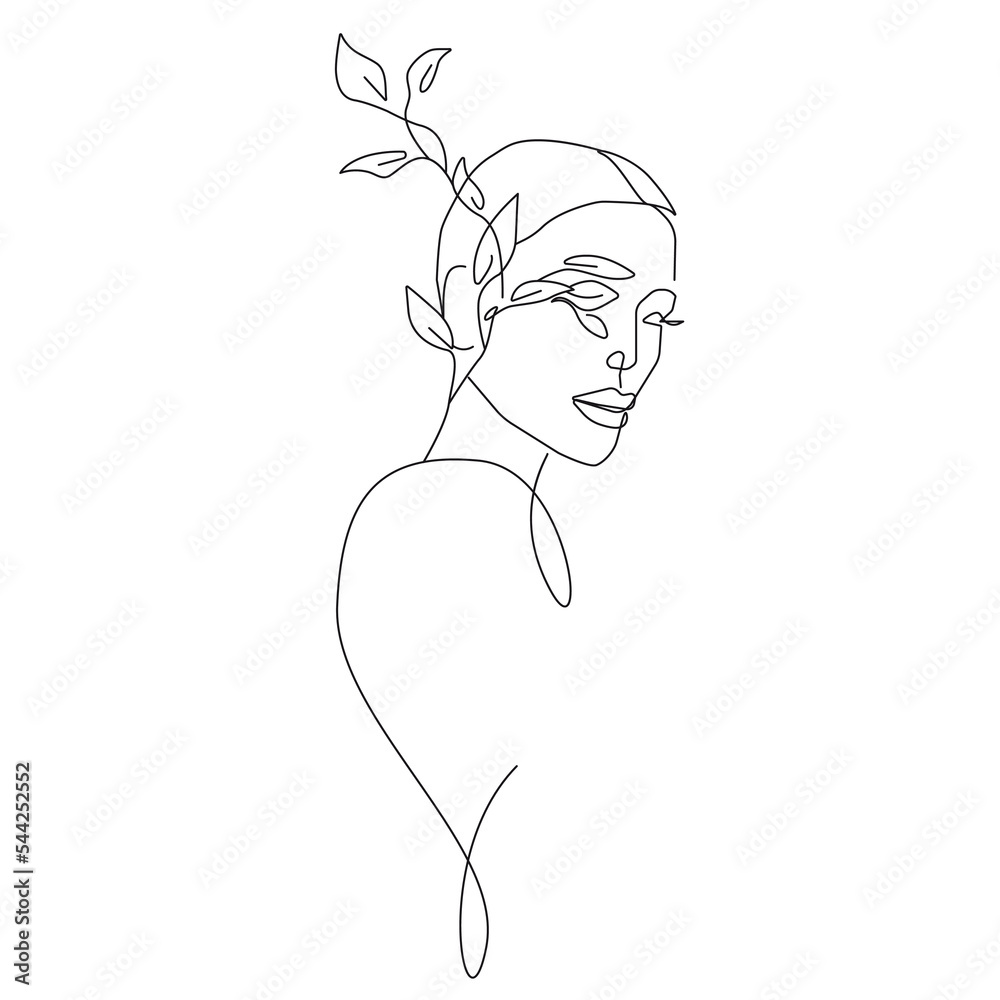 Woman with Leaves Line Art Drawing. Abstract Minimal Female Face and ...